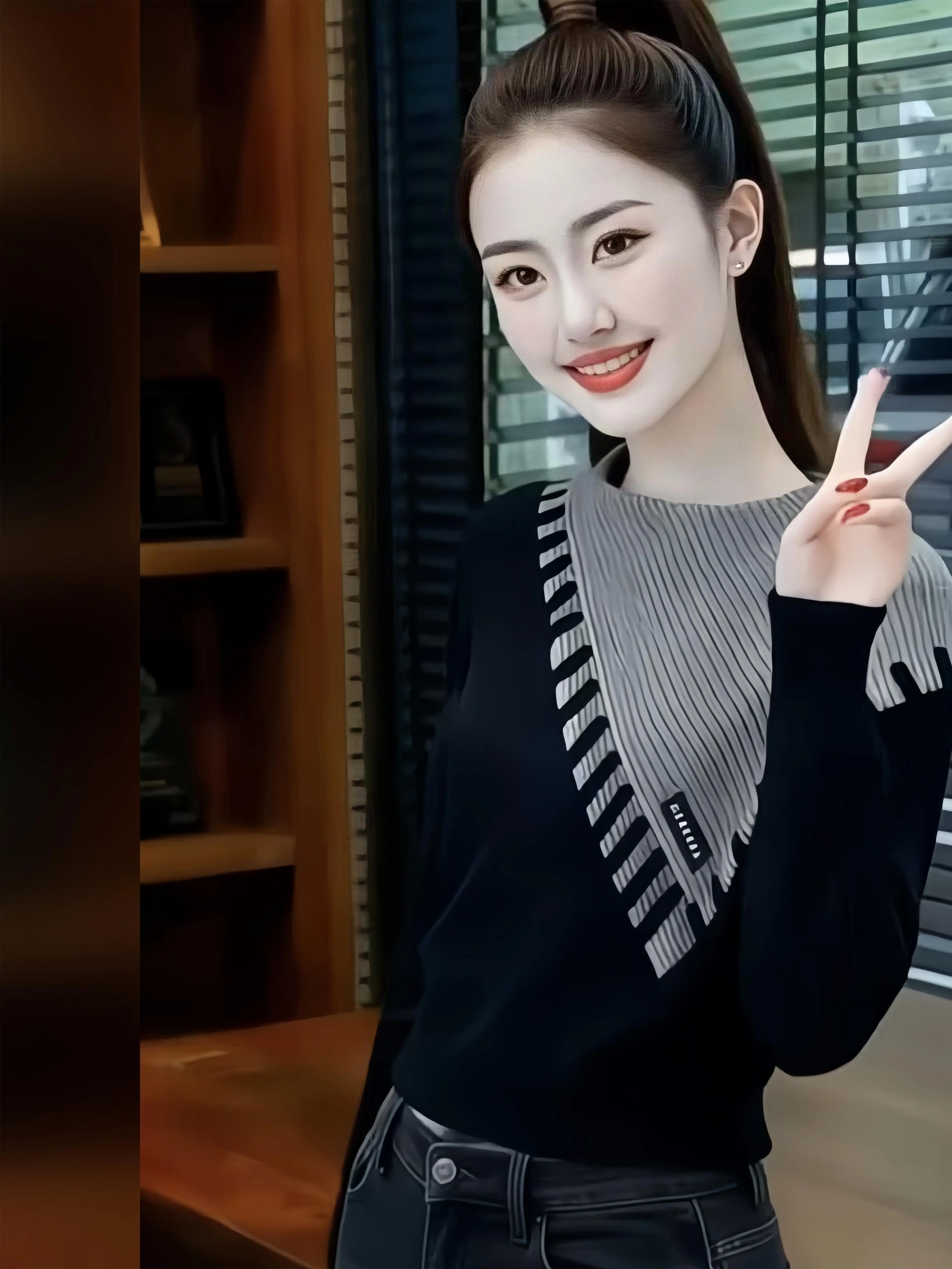Fashionable Splice Color Block Long Sleeve Knitted Sweater Women's Spring Autumn New Style Casual Comfortable Polyester Fiber