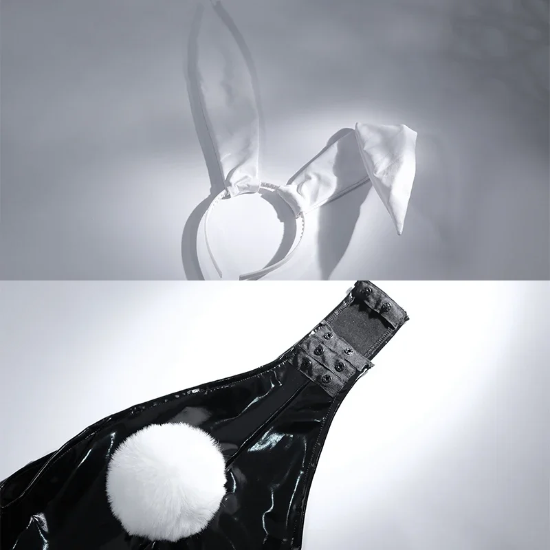 ROLECOS-Disfraz de conejito con agujero para mujer, mono negro de tela de cuero elástico para el Día de San Valentín, traje Sexy de Cosplay