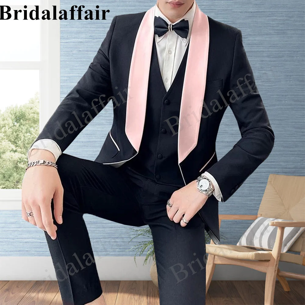 

Мужской черный костюм Bridalaffair с розовым воротником, 3 предмета, куртка + брюки + жилет, свадебный смокинг, облегающее платье для выпускного вечера, костюм для мужчин