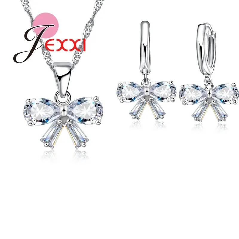 Bridal Wedding Silver Jewelry Sets African AAA Crystal Butterfly Shape Design Pendant Necklace Drop Earrings for Women