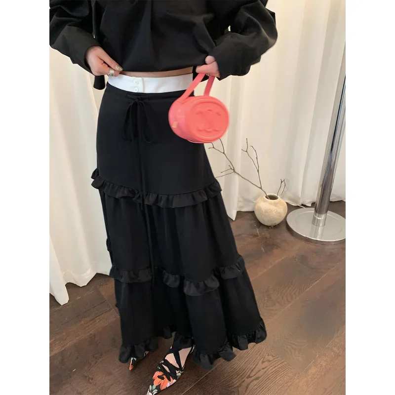 Maxi Long Tulle black Skirts for Women Gothic Pleated Stain Skirt Casual Party Fairycore Summer Jupe Longue 2024 Falda Mujer