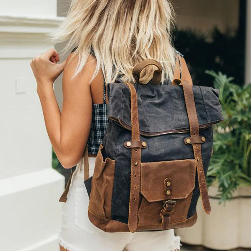 Multifunction Fashion Men Backpack Vintage Canvas Roll Top Backpack Leather School Bag Portable Wearproof Travel Weekend Bag