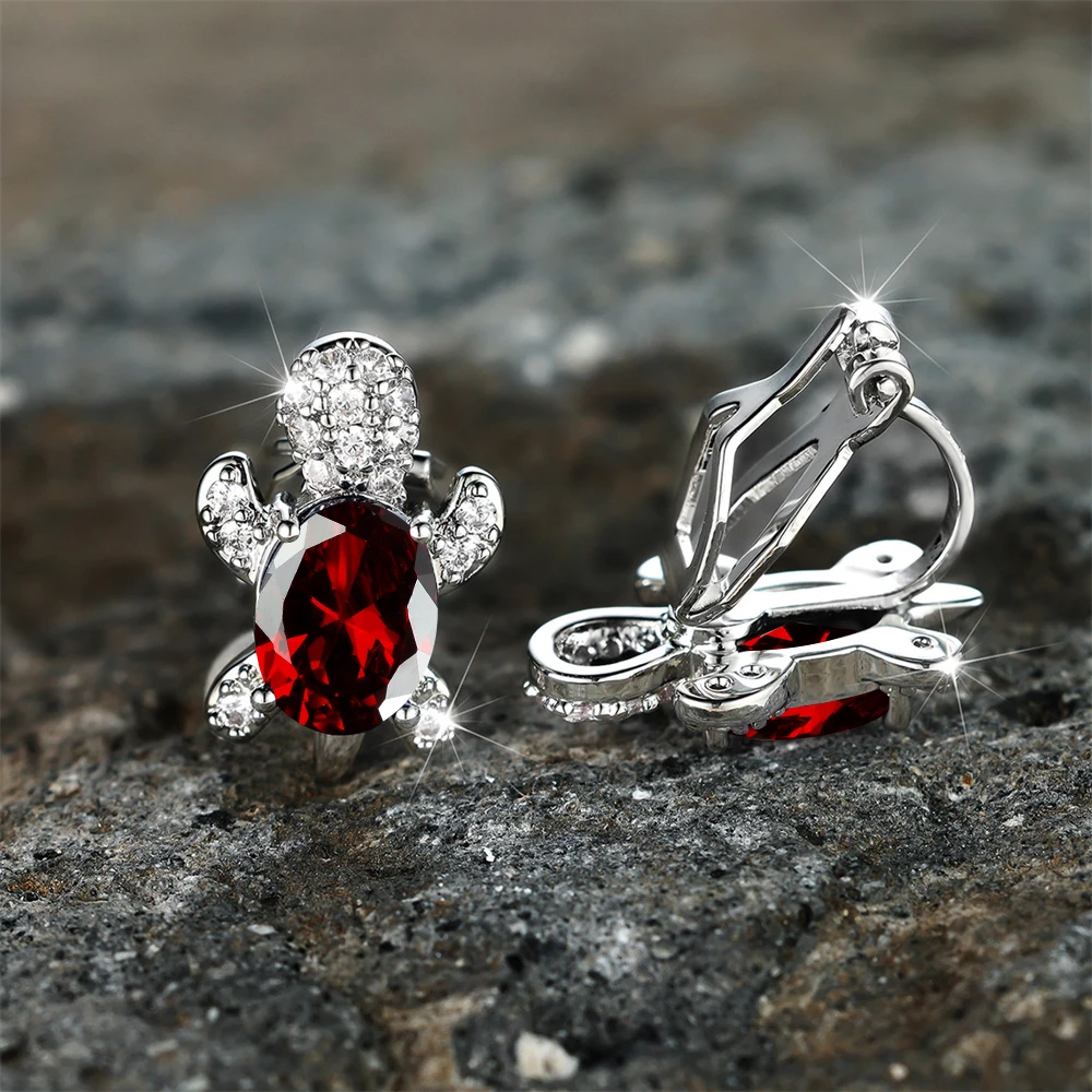 Cute Female Blue Red White Pink Oval Turtle Stone Clip Earrings Charm Silver Color Wedding Jewelry For Women