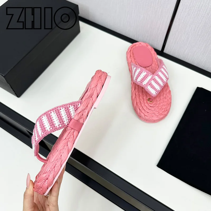 

Designer Women Flip Flops Luxury Straw Thick Water Table Stripe Colorblocking Clip Toe Beach Shoes Party Ladies Casual Shoes