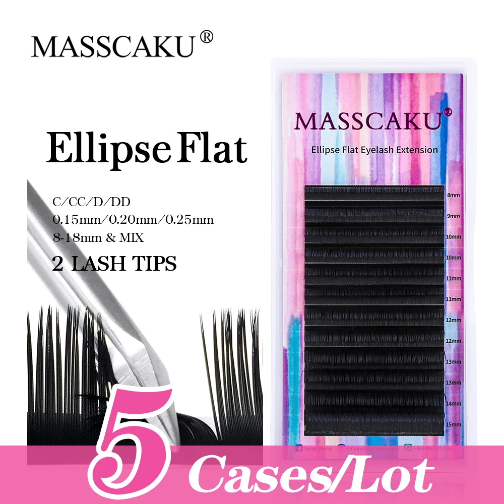 

5cases/lot MASSCAKU C/D Curl 8-18mm&mix Length Ellipse Flat Lash Soft Split Tips Faux Individual Flat Eyelash Makeup Supplies