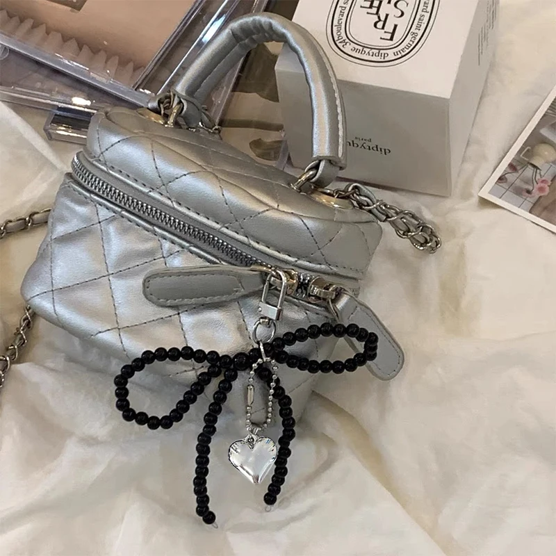 Ins Style Bowknot Beaded Key Chain Three-dimensional Silver Heart Phone Pendant Headphone Case Charm Bag Decor Car Key Ring