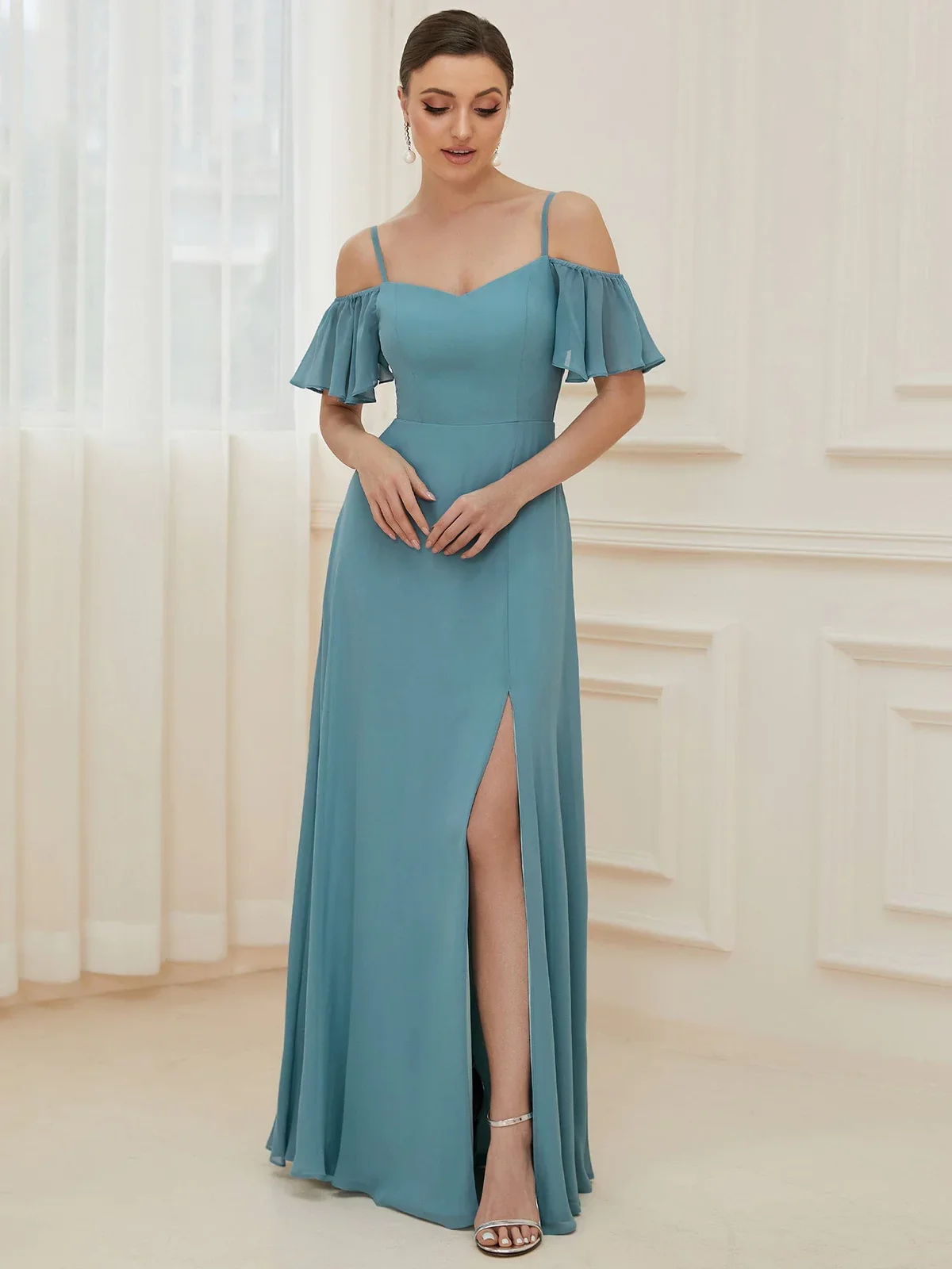 Women\'s Off Shoulder Short Sleeve Split A-Line Floor Length Chiffon Off-The-Shoulder Side Slit Bridesmaid Dress with sleeves