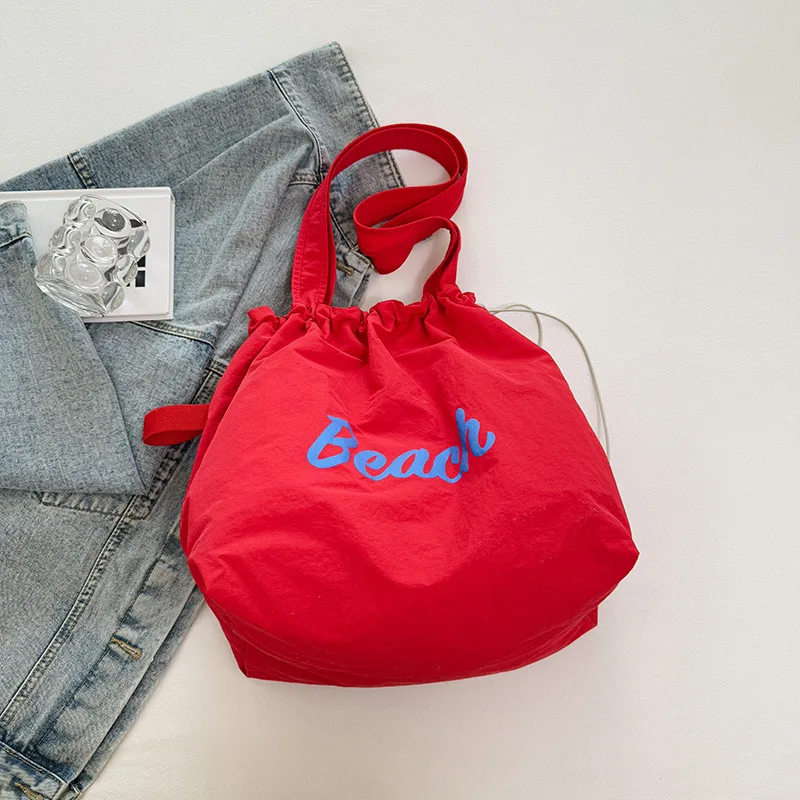 

Fashion Letter Print Women Drawstring Shoulder Bags Casual Large Capacity Ladies Shopping Bag Simple College Girl Handbags Tote