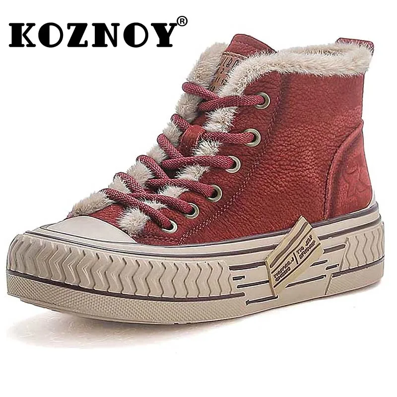 

Koznoy 4cm Suede Genuine Leather Women Platform Wedge Flats Autumn Vulcanize Chunky Sneakers Loafer Winter Plush Spring Shoes