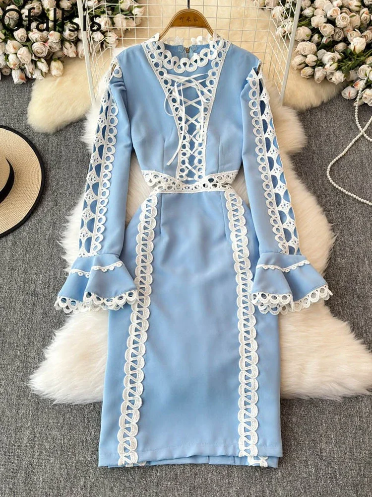 Ofallsis Blue O neck Fashion Dress 2024 Autumn New Hollowed Out Lace Splicing Horn Long Sleeves Waist Cinching Slimming Dresses