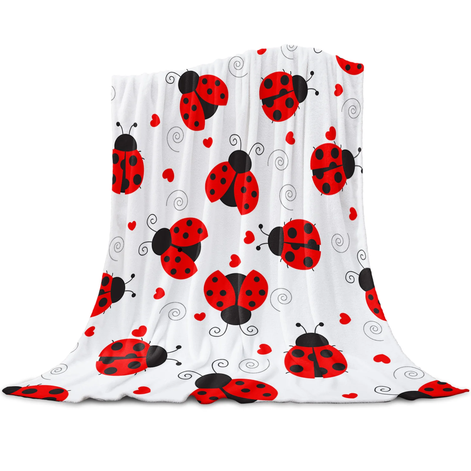 Ladybug Love Heart Dotted Texture Printed Throw Blanket Flannel Fleece Blankets Soft Throws for Sofa Couch Bed Bedroom Bedspread