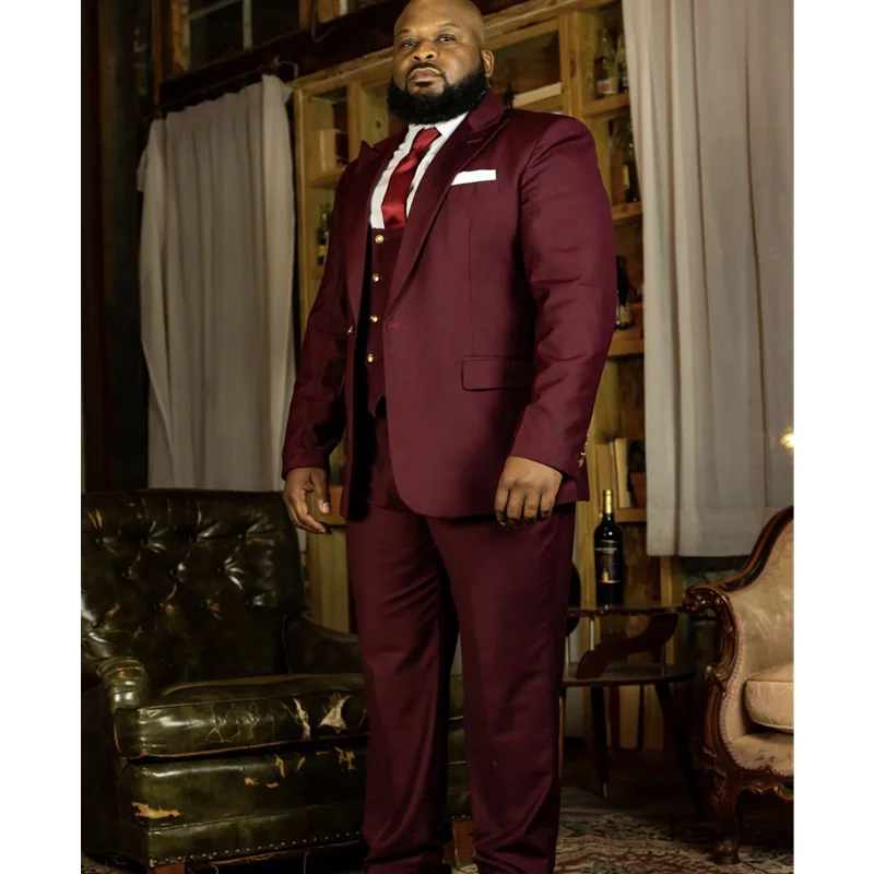 

Men Suits Slim Fit 3 Piece Big And Tall Burgundy Suits For Wedding Male Blazer Set Vest Pant Plus Size Full Men's Clothes Outfit
