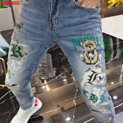 Pantalon en denim de style streetwear européen Harajuku pour hommes, vêtements de luxe, imprimé ours, designer Kpop, jean boyfriend coréen