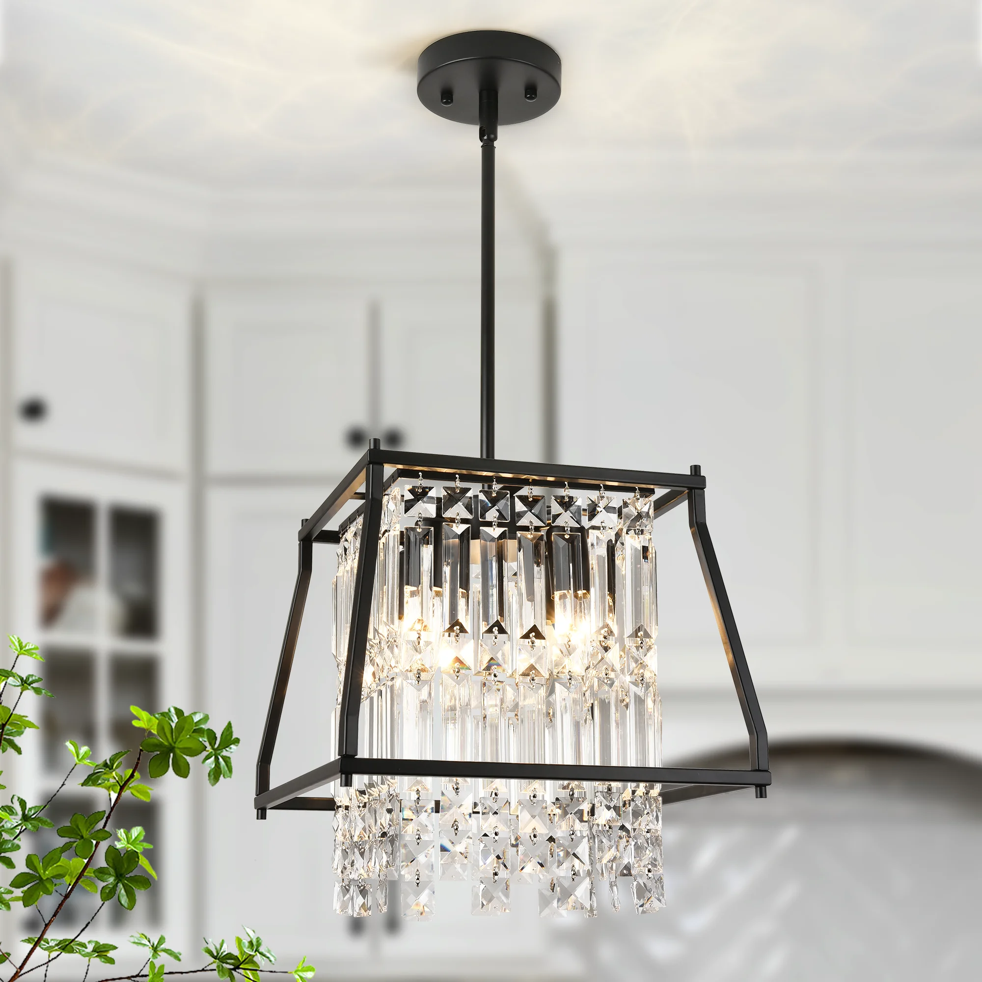 Crystal Kitchen Pendant Light,E12 Base Black Pendant Light Fixture Adjustable Pendant Ceiling Lighting for Dining Room,Corridor