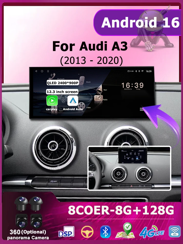 Auto Multimedia Radio Video Player Android 16 10,33 "/12,3" für Audi A3 2013 - 2020 Drahtlose Carplay 4G WIFI DSP QLED Bildschirm