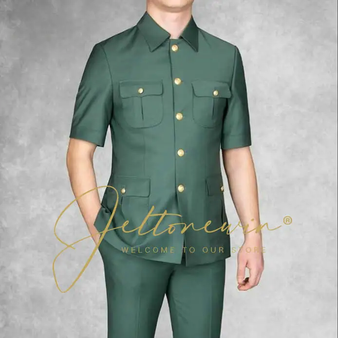 Men's Green Short-Sleeve Uniform Set | High-Quality Fabric with Gold Buttons | Formal Wear for Ceremonies and Events | Stylish