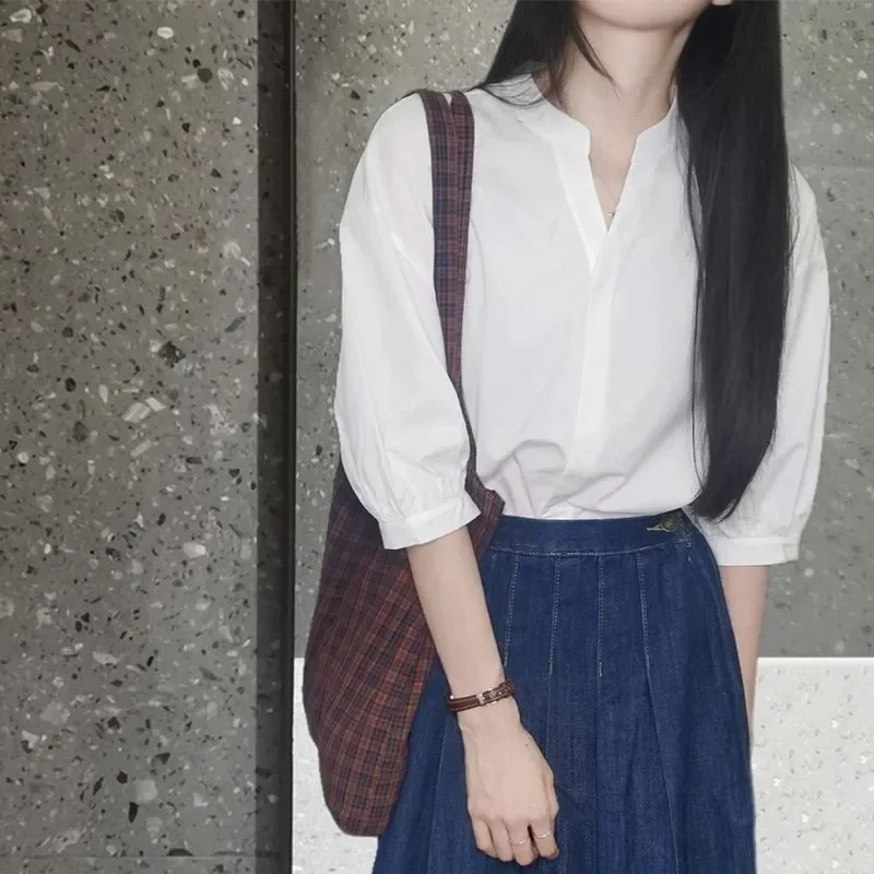 

Women's Exposed Button Henley Shirt 3/4 Puff Sleeve Stand Collar Casual Blouse Vintage Daily Top