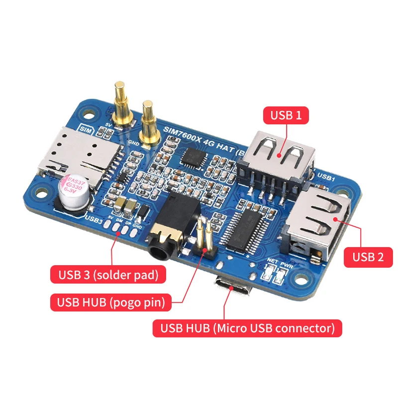 SIM7600G-H 4G HAT (B) for Raspberry Pi 4 3 Zero LTE Cat-4 4G 3G 2G Support GNSS Positioning Global Band Via Micro USB Pogo Pin