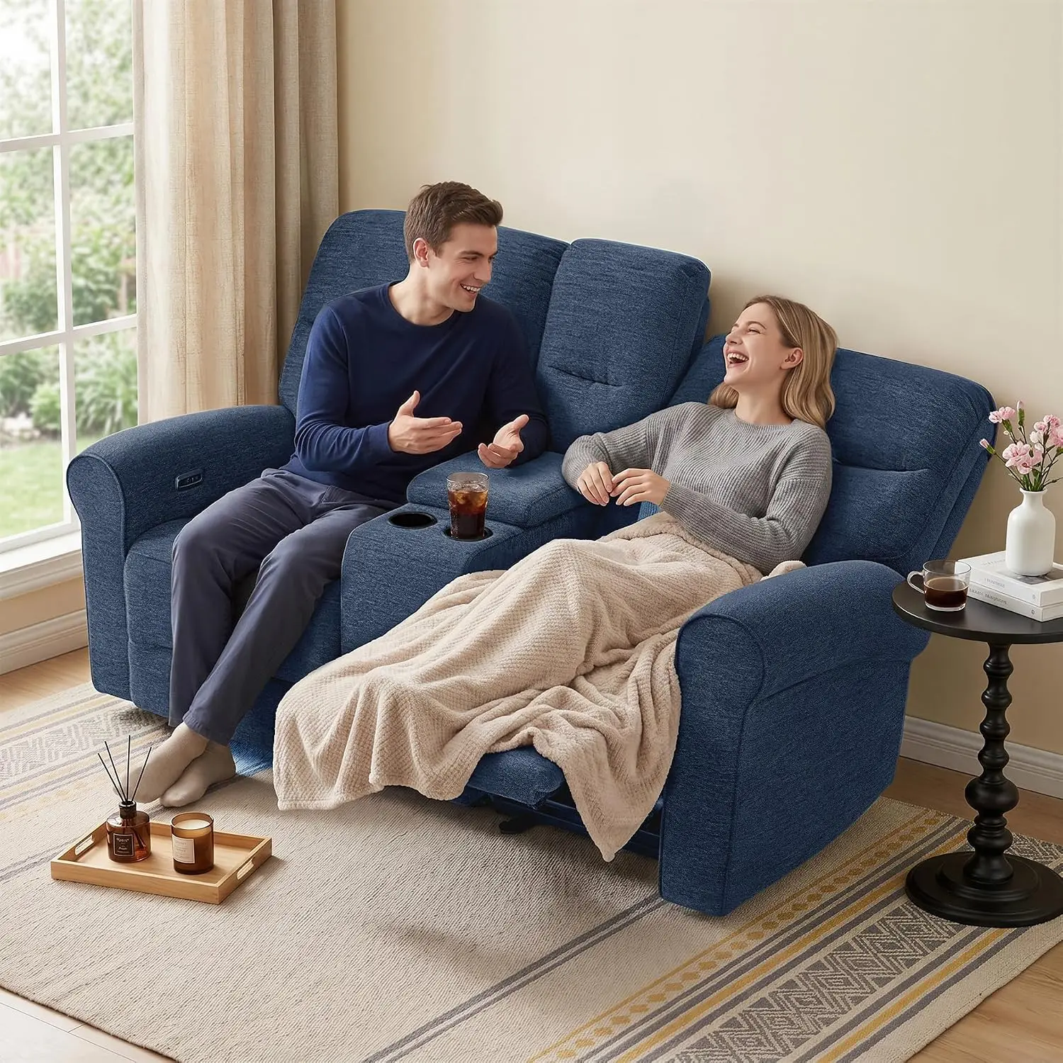 Wall Hugger Power Reclining Loveseat Sofa with Console, 78.3 Inch Dual Recliner with USB Ports and Cup Holders, Navy Blue Fabric, Space-Saving Design for Small Living Rooms and RVs
