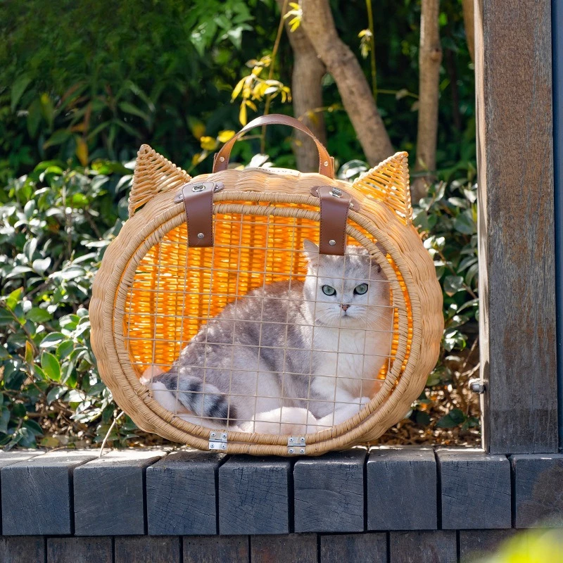 

Портативная сумка для кошек из ротанга, летняя сумка для домашних животных, кошачье гнездо, портативная дышащая автомобильная воздушная коробка, сумка для домашних животных