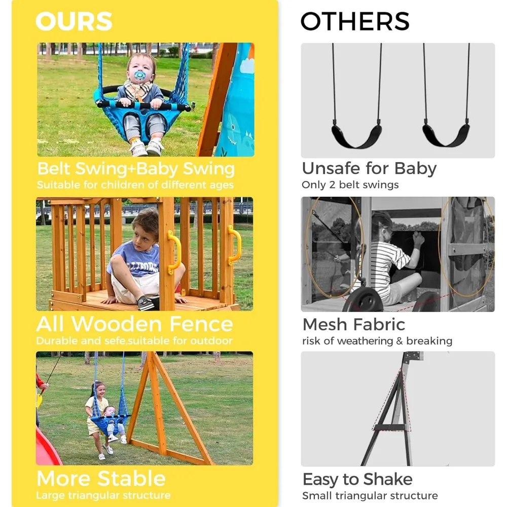 مجموعة لعب خشبية مع شريحة مموجة، مجموعة ملعب مع قضبان قرد للأطفال، مجموعة لعب خارجية مع أرجوحة للأطفال الصغار، مجموعة أرجوحة في الفناء الخلفي #4