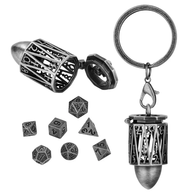 

Portable Key Chain with Hollow D20 Metal Case Tiny 7pcs Polyhedral Metal Dice Set Gaming Dices Storage Case Necklace Chain