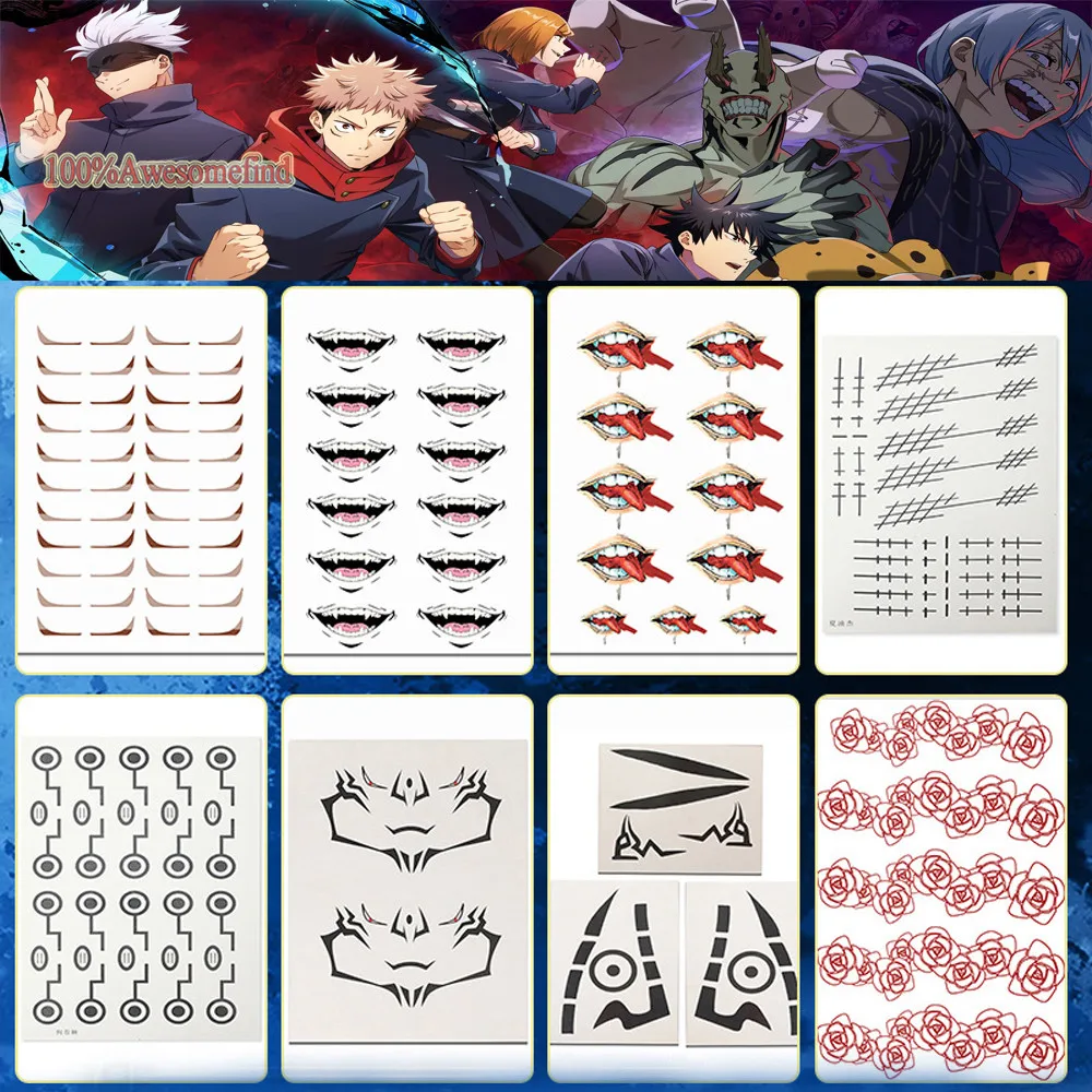 Stiker tato sementara Cosplay pria, stiker tato sementara Anime Jujutsu Kasen pesta Halloween, stiker tato Cosplay pria