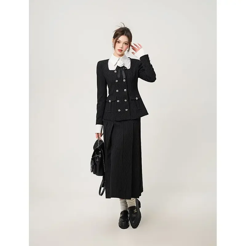 

Autumn New Retro College Style Suit Waist Slim Jacket Skirt Suits Women Black Pleated Long Skirt Two Piece Sets Women Outfits
