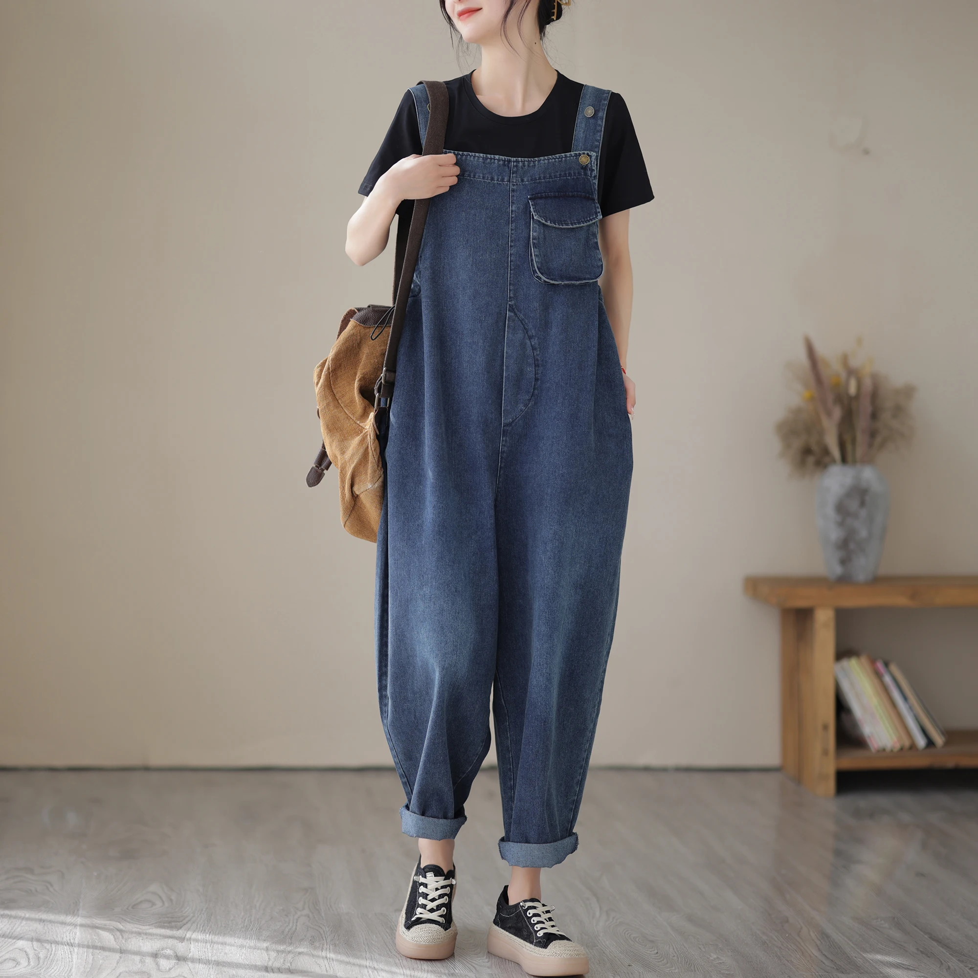 Overall Denim Longgar Modis Wanita Musim Semi Musim Panas Celana Tujuh Inci Pinggang Tinggi Gaya Korea Pengurang Usia Ukuran Kecil