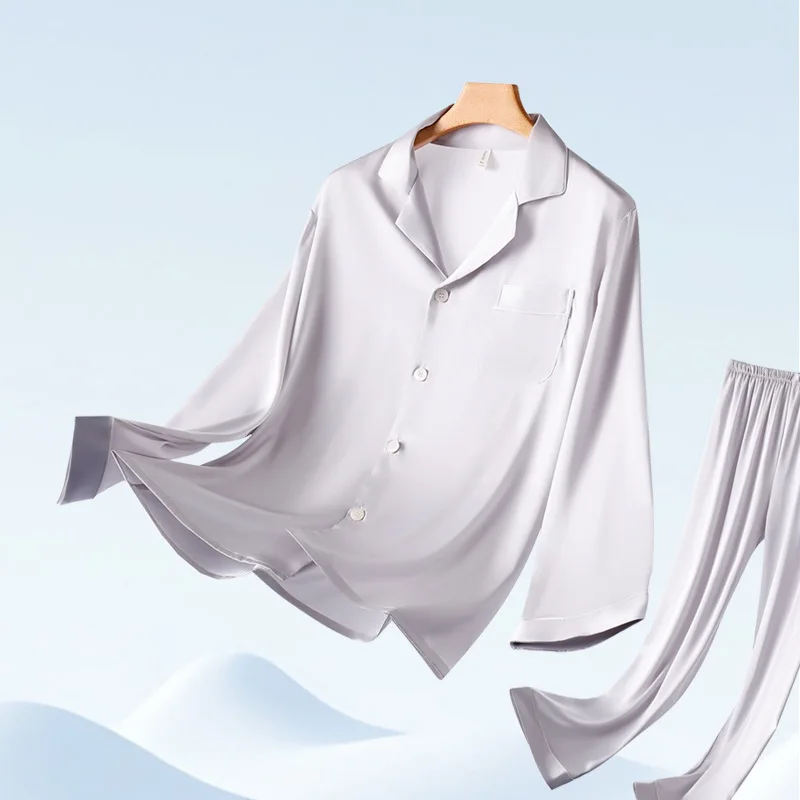 

Стильный классический комплект пижамы из ледяного шелка для мужчин: новая коллекция весна-лето, атласный костюм с длинными рукавами и брюками, повседневная домашняя одежда для мужчин