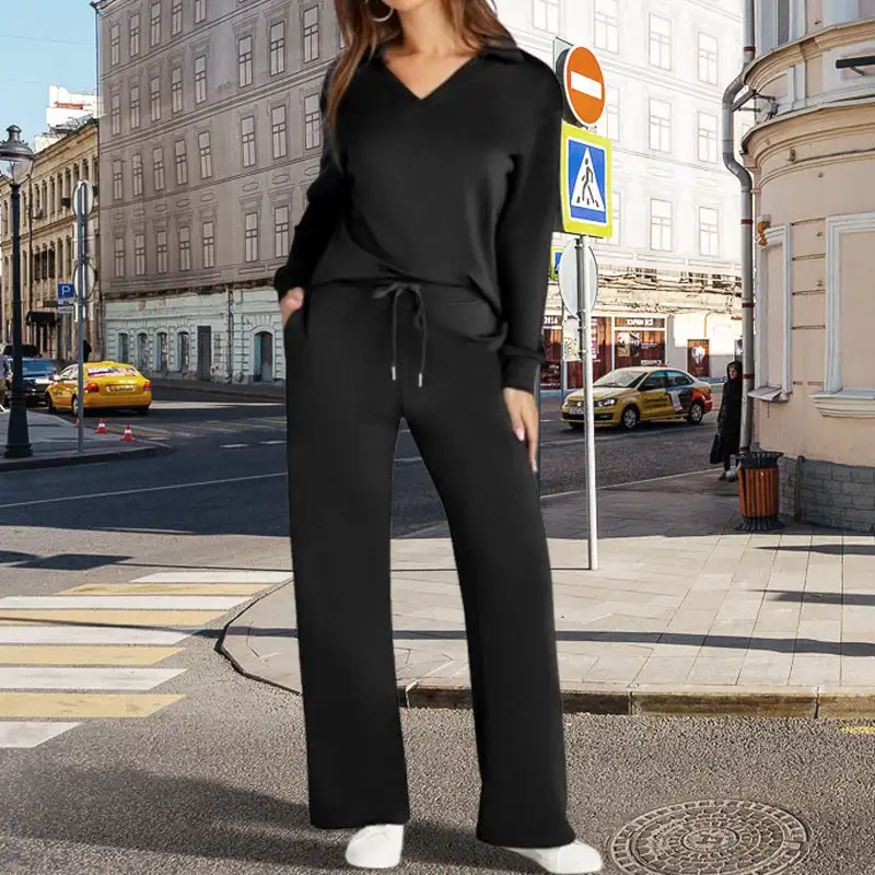 Women’s 2 Piece Loose V-neck top Top & Knot Front Pants Lounge Set with Long Sleeves drawstring flared pants two-piece set