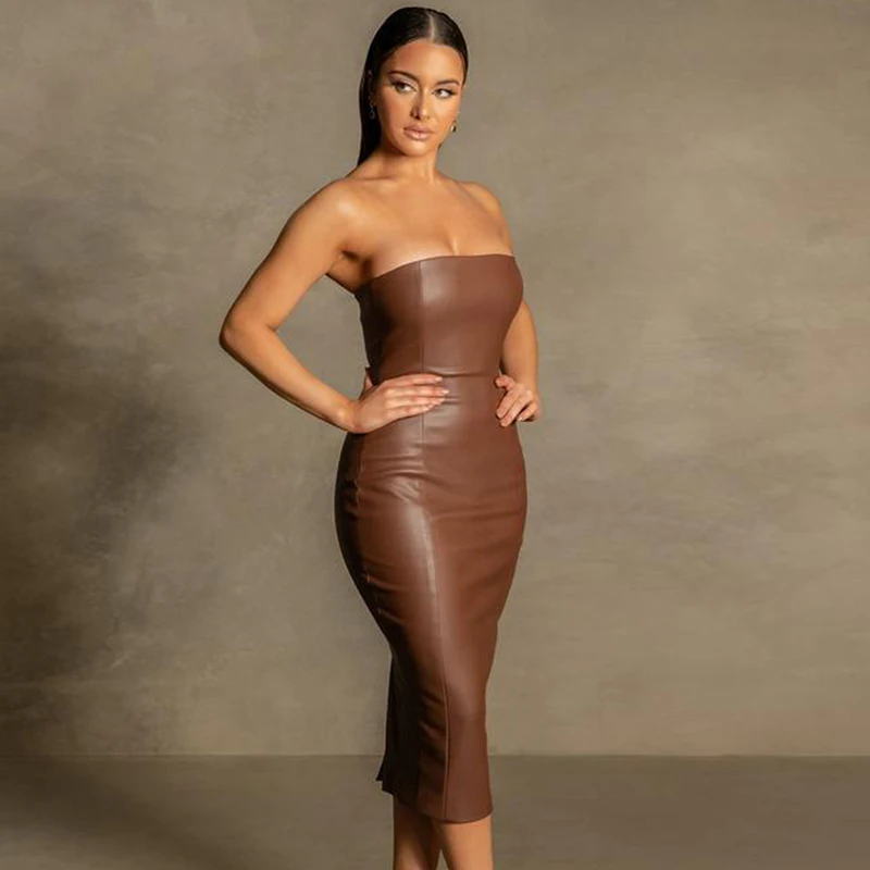 Solid Color PU Leather Fashionable Temperament Slim Fit Strapless Split Open Explosive Sexy Mid Length Skirt