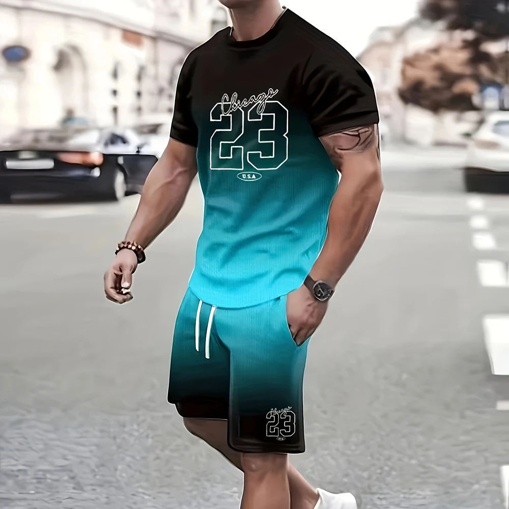 2025 Fashion Trendy Handsome Men's T-shirt Shorts Two-piece Summer Casual Men's Loose Shorts Men's Large Size T-shirt Clothing