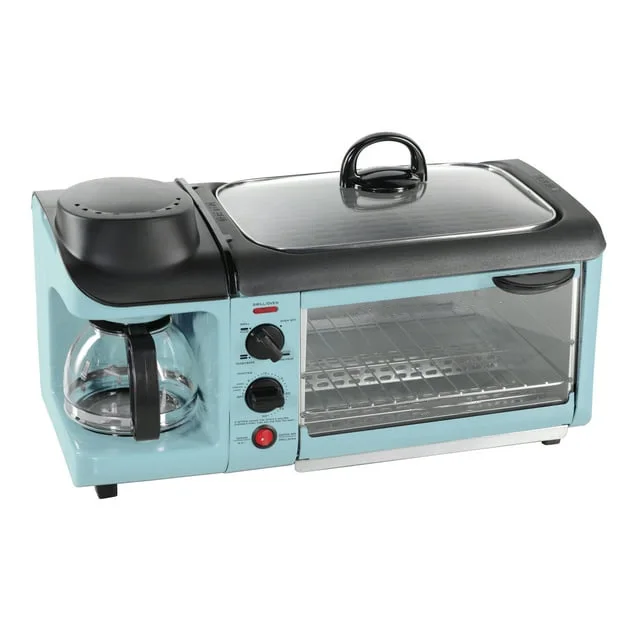 BST3AQ Retro 3-in-1 Family Size Electric Breakfast Station, Coffeemaker, Griddle, Toaster Oven - Aqua