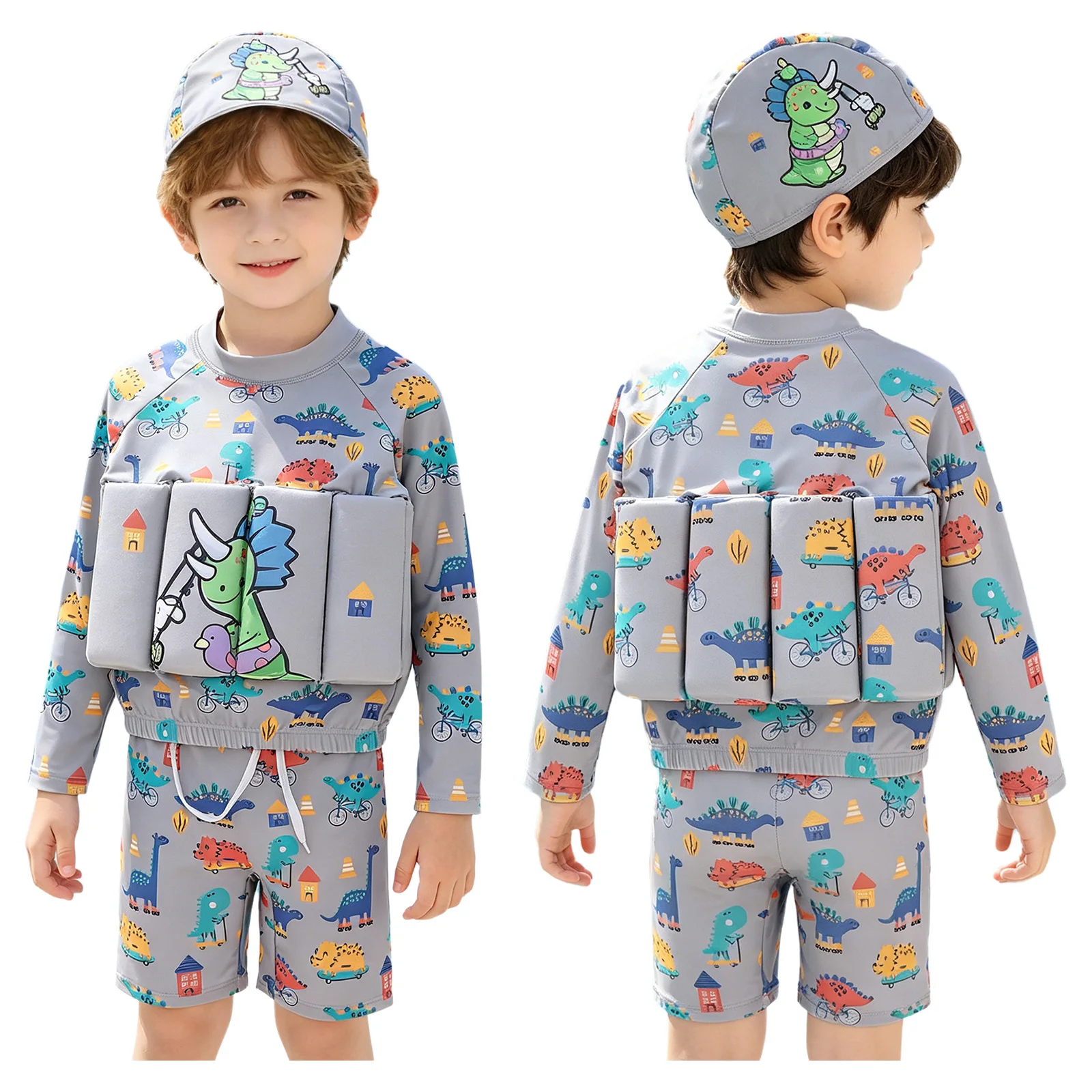 

Kids Boys Swim Sets Swimsuit with Floatation Floating Bathing Suit Long Sleeve Top with Shorts and Cap for Ocean Beach Day Trip