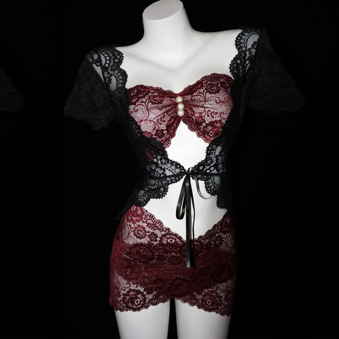 ALPHALMODA New, Women, Sexy Underwear Set, High Quality Lace Lingerie, 3pcs Set, Stretchy Lace, Bodysuit