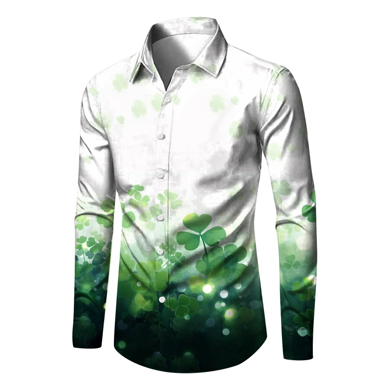 Fashion Men St. Patrick's Day Long Sleeve Shirts 3D Print Green Clover Graphic Hawaiian Shirts Women Clothing Casual Fashion Top