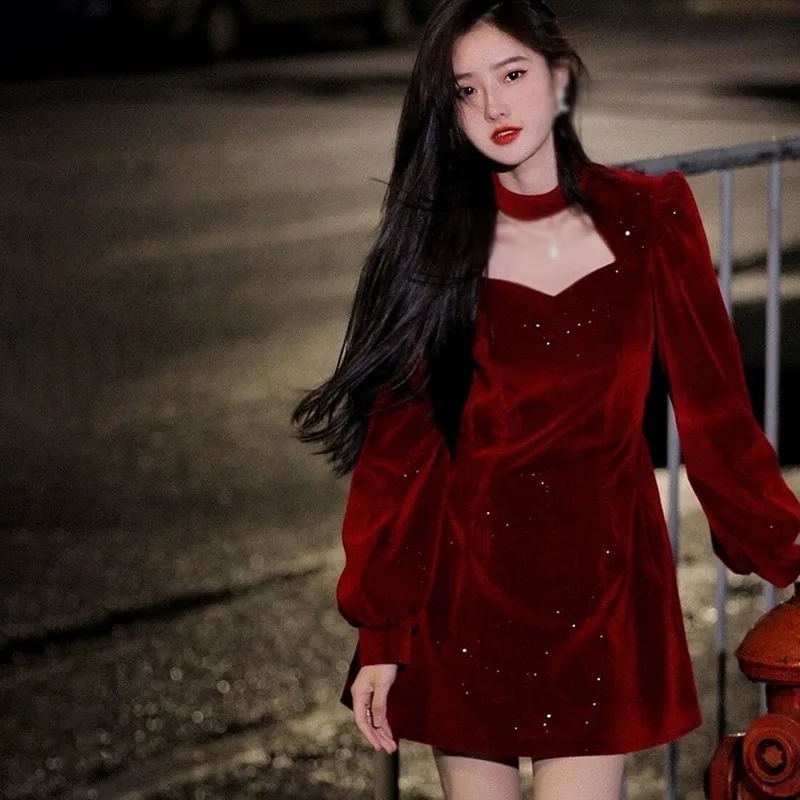 Sequins Long Sleeve Wram Vintage Dress Red Velvet Elegant Party Mini Dress Ladies Casual Korean A line Dress