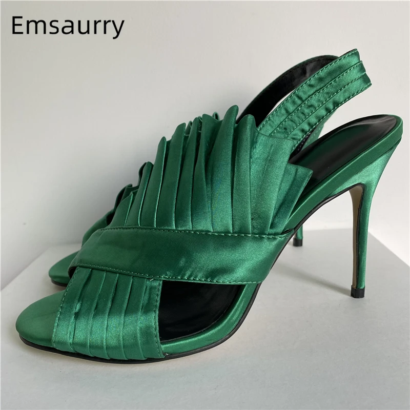 

Luxury Satin Pleated Ruffles Runway Sandals Women 10cm Stiletto Heel Sewing Back Strap Open Toe Summer Shoes Woman