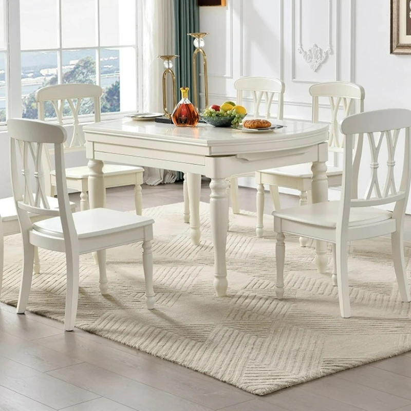 LTT American solid wood dining table white retractable folding household solid wood dining table and chair combination
