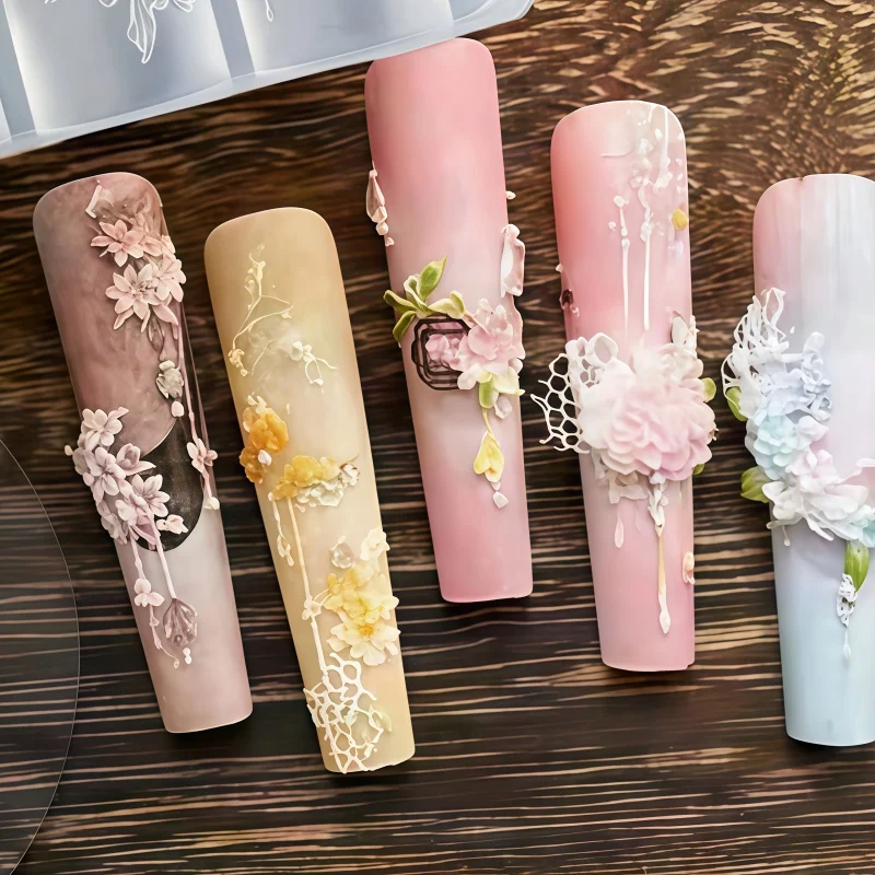 New Chinese Hairpin Flower Tassel 3D Silicone Nail Mold, Peony Branch Embossed Oriental Nail Art Decor