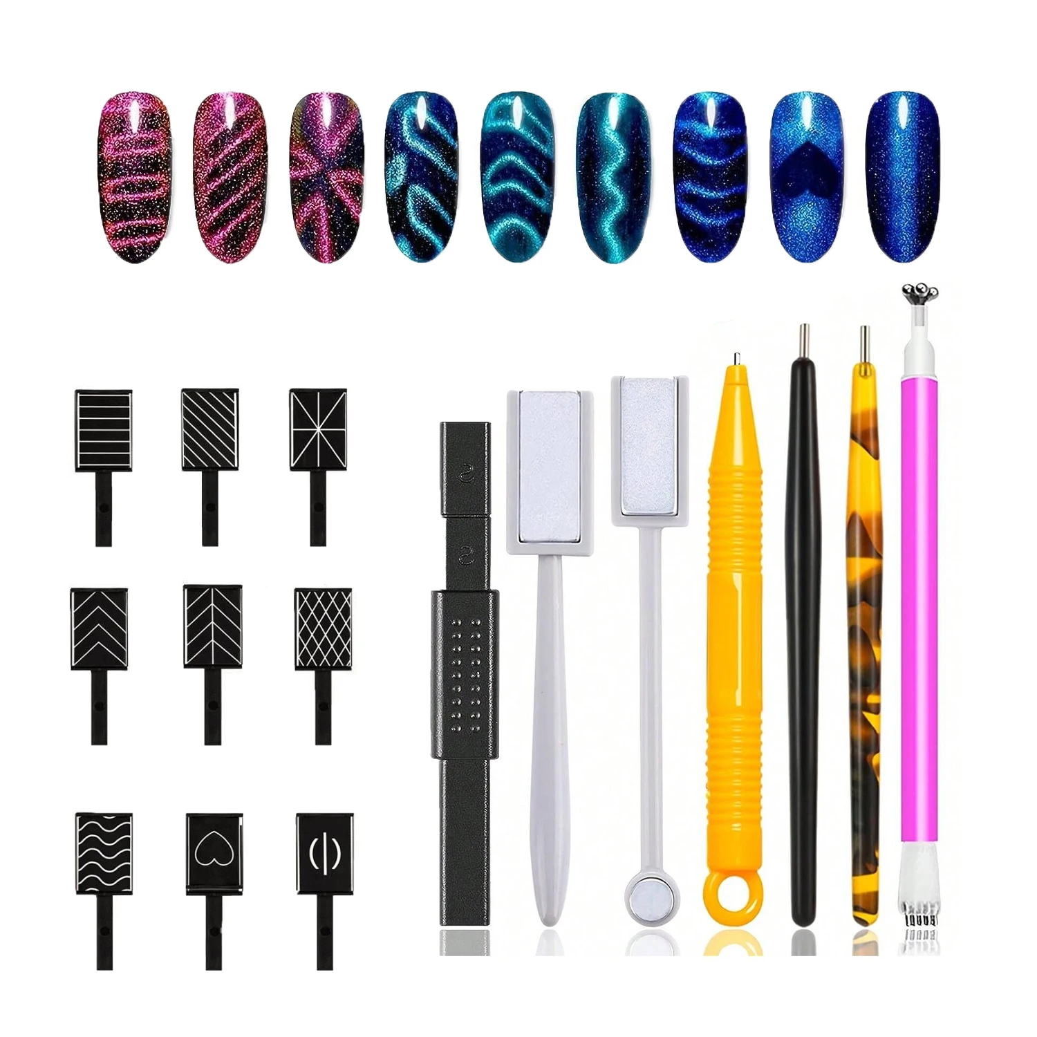 16PCS Nail Art Cat Eye Design Magnet Tool Set, Multi-functional Cat Eye Nail Polish Sucking Steel Ball 3D Magnetic Magic Stick C