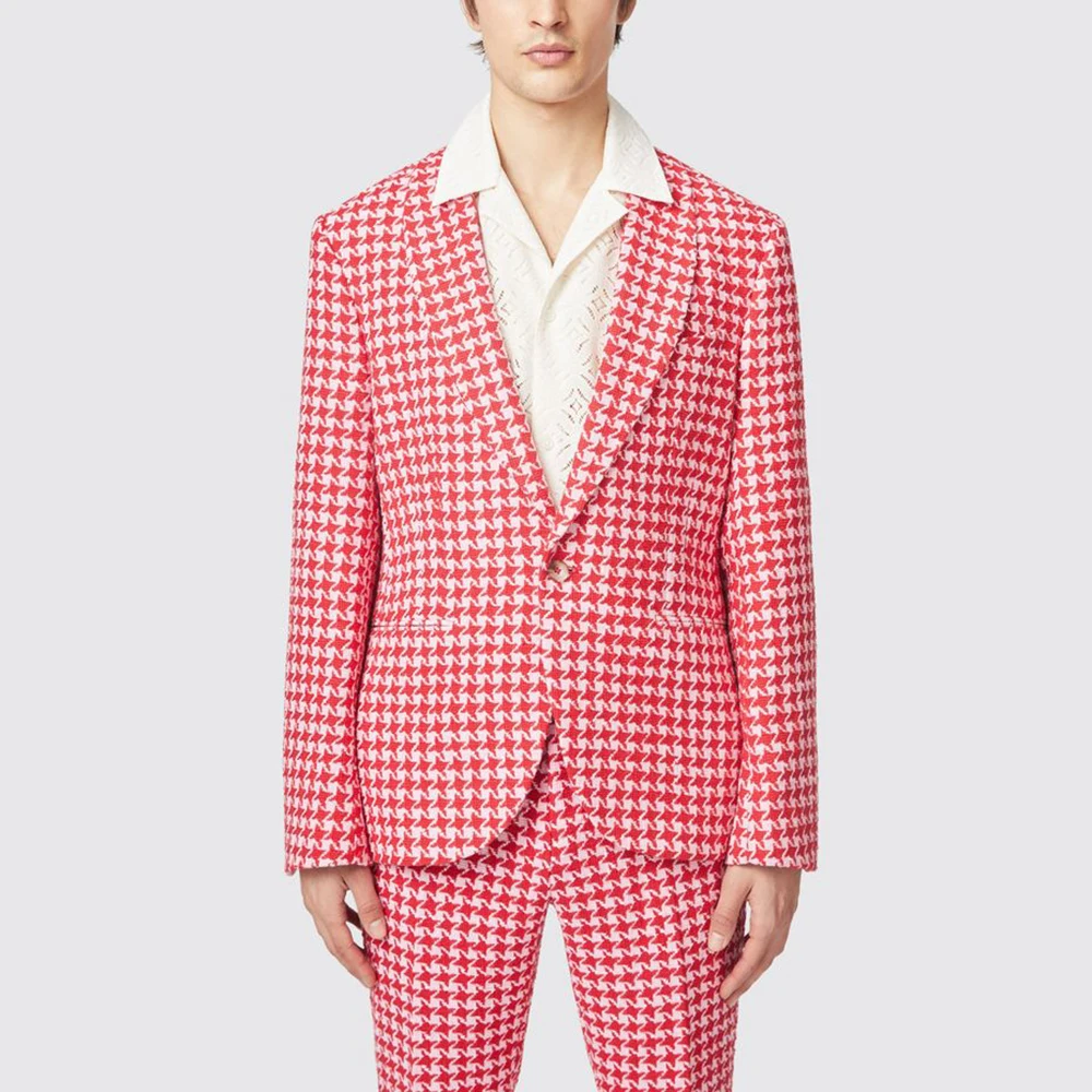 

Houndstooth Men's Suits 2 Piece Single Button Shawl Lapel Set Casual Patterned Jacket with Pants Formal Office Wedding Outfit