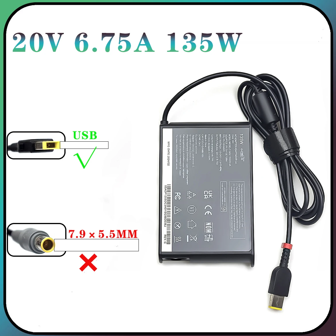 

135W 20V 6.75A USB Laptop Adapter Notebook Charger for Lenovo T440p Y50-70 R720 Y700 T540p P51 P52 S5 ADL135NLC3A Power Supply