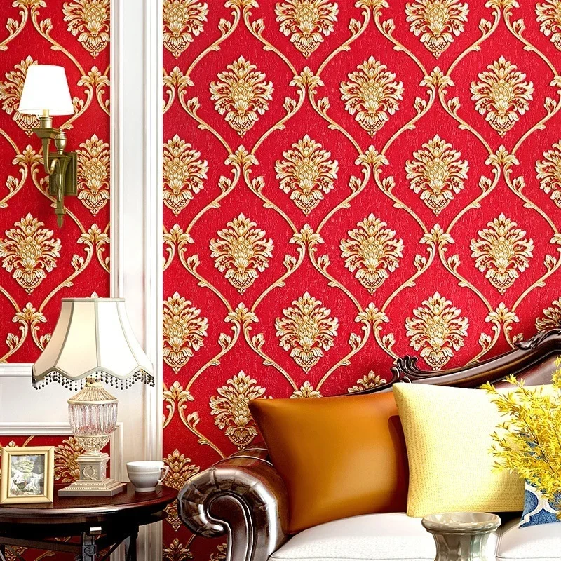 3D three-dimensional European Damascus wallpaper waterproof simple bright red warm beauty salon shop special background