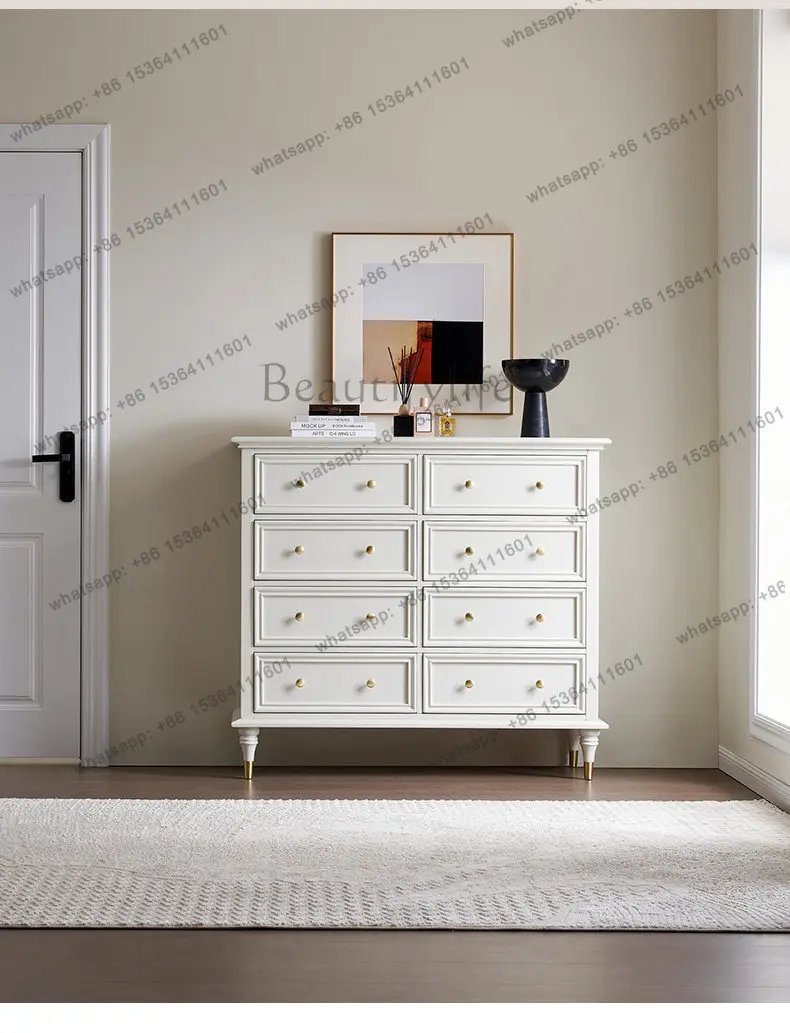American light luxury solid wood eight-bucket cabinet bedroom bedside white wall drawer cabinet