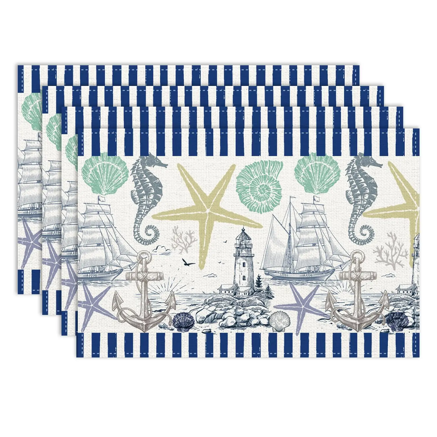 Nautical Placemat,12x18 Inch Summer Ocean Starfish Coastal Ship Anchor Beach Sea Coral Shell Rustic Table Mats for Table Decor