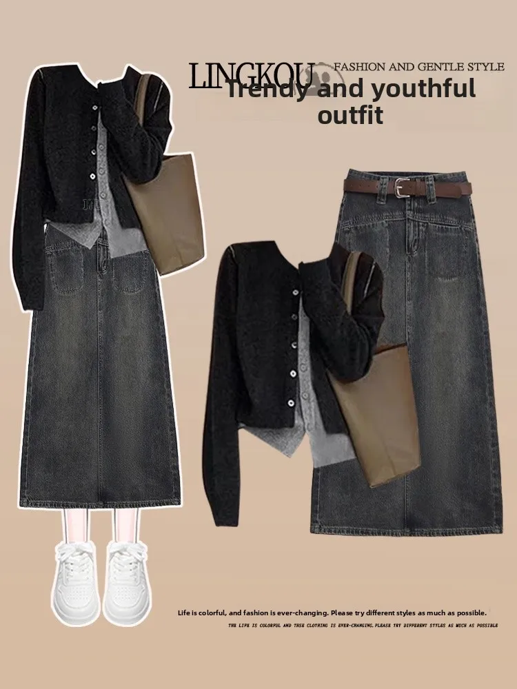 

plus Size Spring Autumn Professional Korean Style Knitted Top And Jeans Skirt Set Women's Fashion Versatile Slimming Half-len...