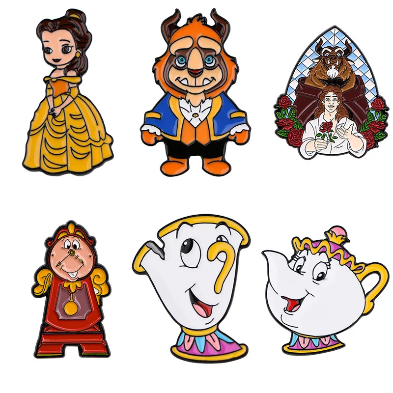 Disney Cartoon Movie Beauty and The Beast Figure Enamel Pins for Film Fans Bell Cup Brooch Metal Lapel Badges Gifts