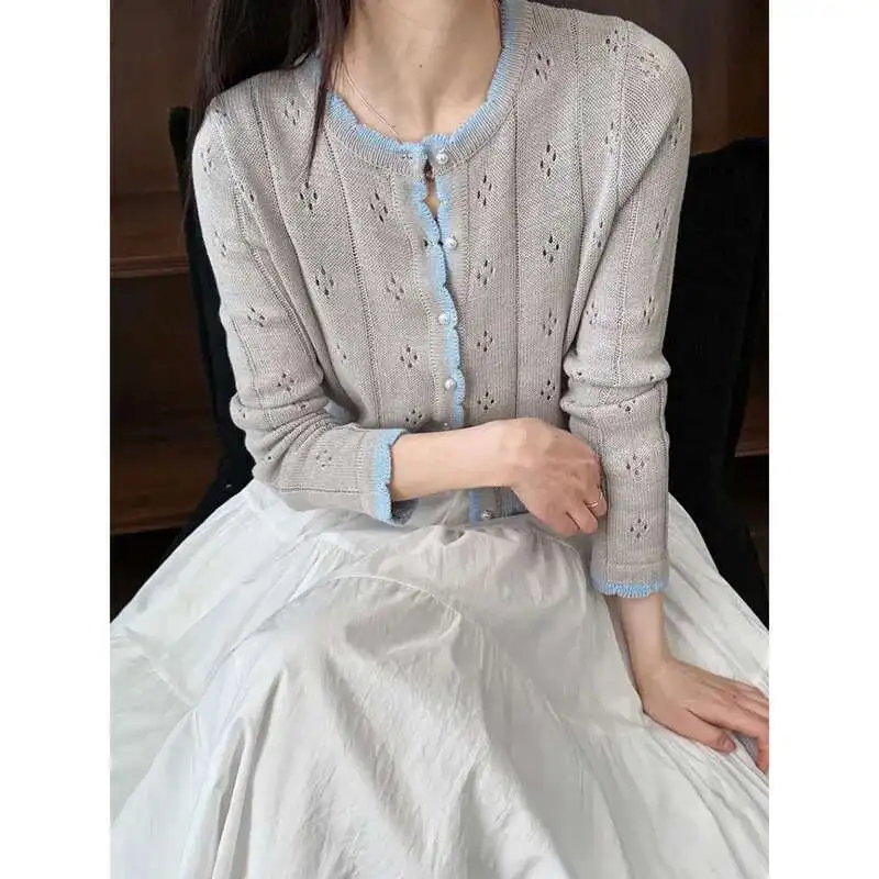 

[Vibe] Gray Thin Color-block Knitting Cardigan Sweater O-Neck Long Sleeve Women New Fashion Tide Spring Autumn 2025